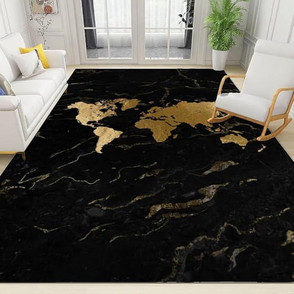 Abstract Golden World Map Indoor Area Rug, Modern Black Marble Texture Large Carpet For Bedroom, Machine Washable Rugs For Bathroom Dining Room Office 4 x 6ft