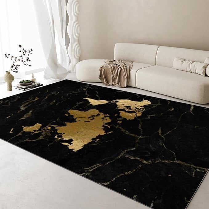 Abstract Golden World Map Indoor Area Rug, Modern Black Marble Texture ...