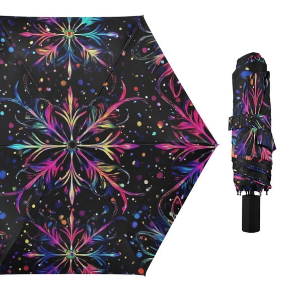 Abstract Gorgeous Snowflake-like Pattern All Weather Umbrella Triple Folding Parasol 6 Ribs UV Protection Portable
