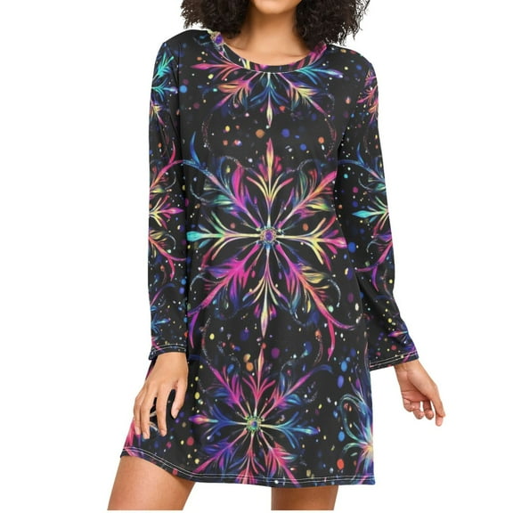 Abstract Gorgeous Snowflake-like Pattern Women's Long Sleeves Nightgowns Sleepwear Soft Pajama A-line Sleep Dress L