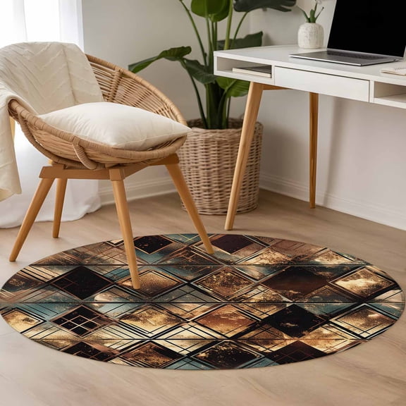 Abstract Gradient 3.3ft Round Rug for Bedroom Reading Corner, Squares Argyle Lines Texture Washable Non Slip Circle Area Rug