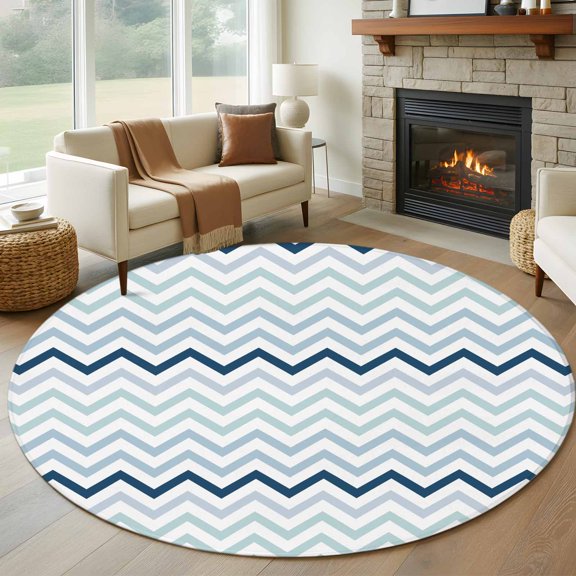 Abstract Gradient 8' Round Rug for Open Concept Living Room Seating Zone, Stripes Grey Brown Ombre Chevron Wave Washable Non Slip Large Circle Area Rug