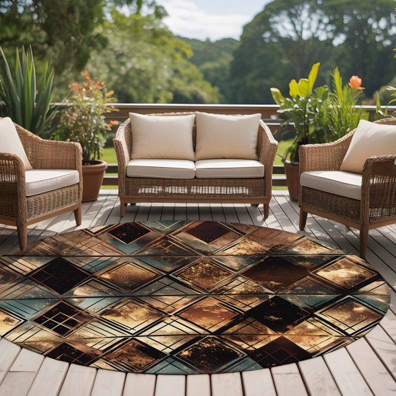 Abstract Gradient 8ft Round Rug for Open Concept Living Room Seating Zone, Squares Argyle Lines Texture Washable Non Slip Large Circle Area Rug
