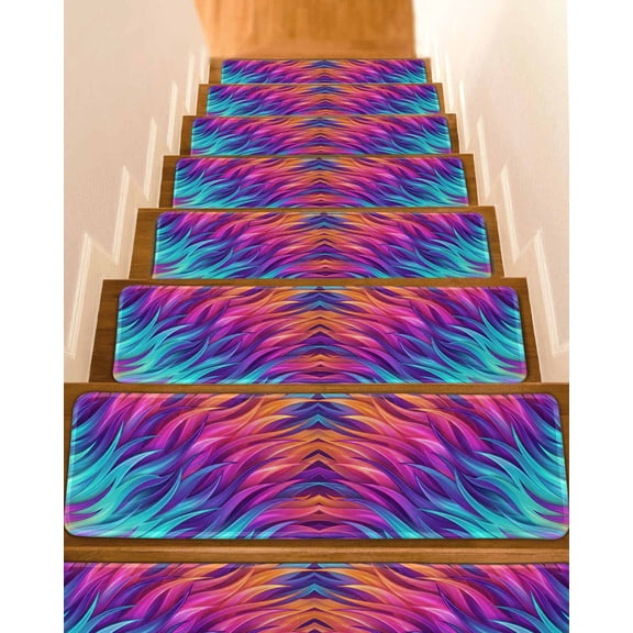 Abstract Gradient Art Stair Treads Blue Purple Pink Ombre Feather Texture Indoor Non Slip Peel and Stick Stair Treads for Wooden Steps 7 PCS, Soft Adhesive Staircase Mats Runner Rugs 8"x30"