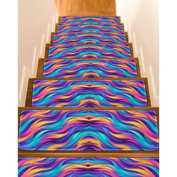 Abstract Gradient Art Stair Treads Blue Purple Yellow Ombre Feather Texture Indoor Non Slip Peel and Stick Stair Treads for Wooden Steps 4 PCS, Soft Adhesive Staircase Mats Runner Rugs 8"x30"
