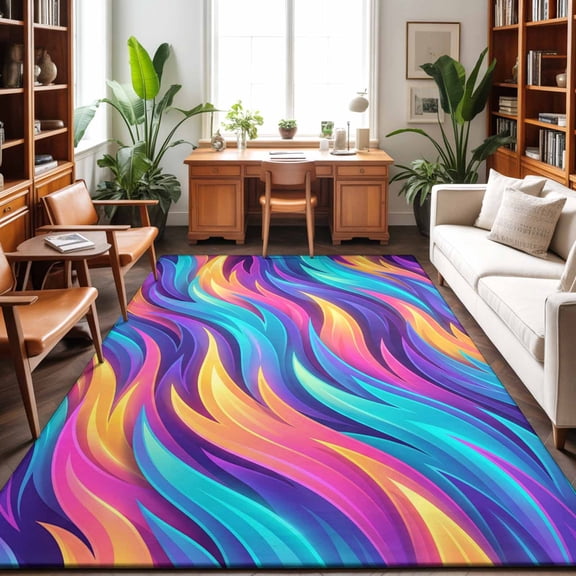 Abstract Gradient Art Washable Area Rug 9 x 12 ft Blue Purple Yellow Ombre Feather Texture, Soft Non Slip Rugs Stain Repellent Indoor Felt Carpet for Living Dining Room Bedroom Home Office
