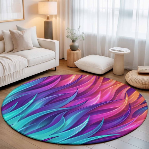 Abstract Gradient Art Washable Round Area Rug 3 ft, Blue Purple Pink Ombre Feather Texture, Soft Non Slip Rugs Stain Repellent Indoor Felt Carpet for Living Dining Room Bedroom Home Office