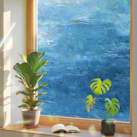 Abstract Gradient Artwork Window Privacy Film, Rainbow Film Decorative Window Sticker 17.7x39.3in, Modern Blue Paint Art Sun Blocking Static Stained Glass Cling Tint Non-Adhesive