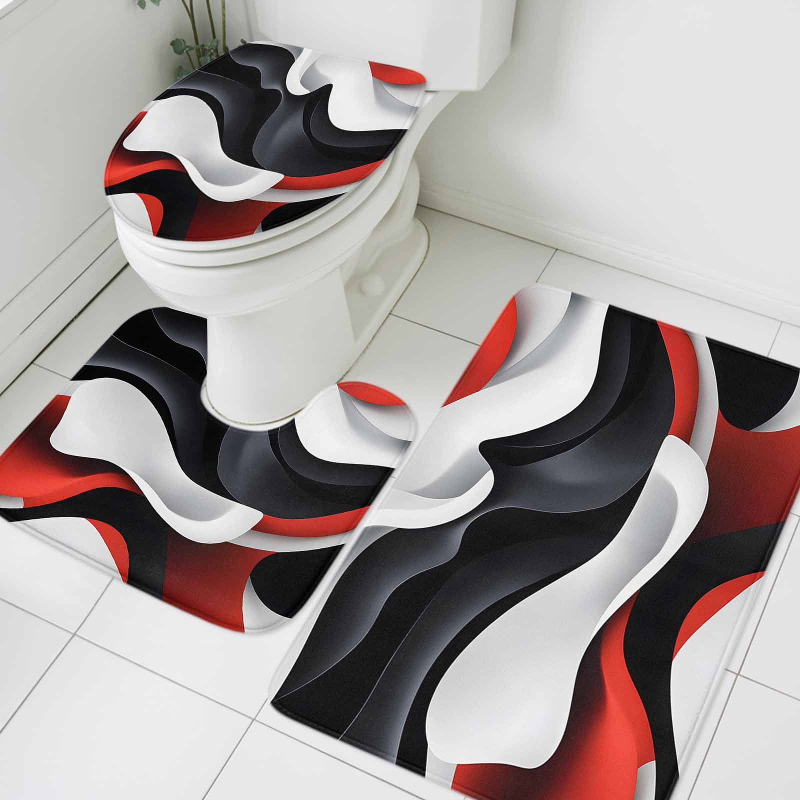 Abstract Gradient Bathroom Rugs Set Black White Red Water Ripple Non ...