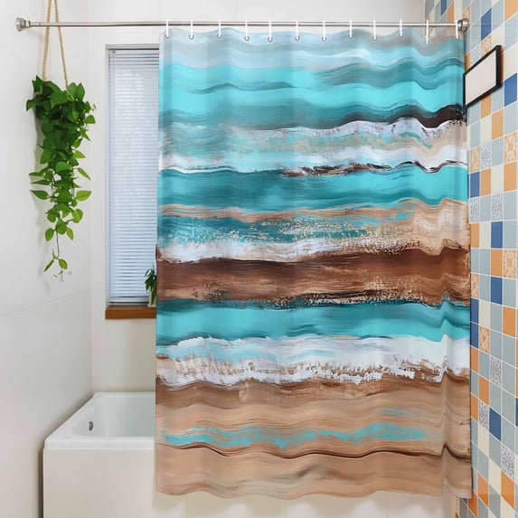Abstract Gradient Beach Scene Shower Curtain for Bathroom, Turquoise Sea Wave Sandbeach Waterproof Shower Curtains Washable Quick Dry with Hooks Bathtub Curtains 72x72IN