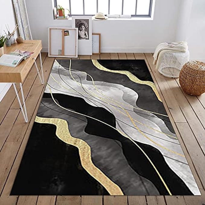 Abstract Gradient Black And Gray Water Ripples Area Rugs, Modern Luxury