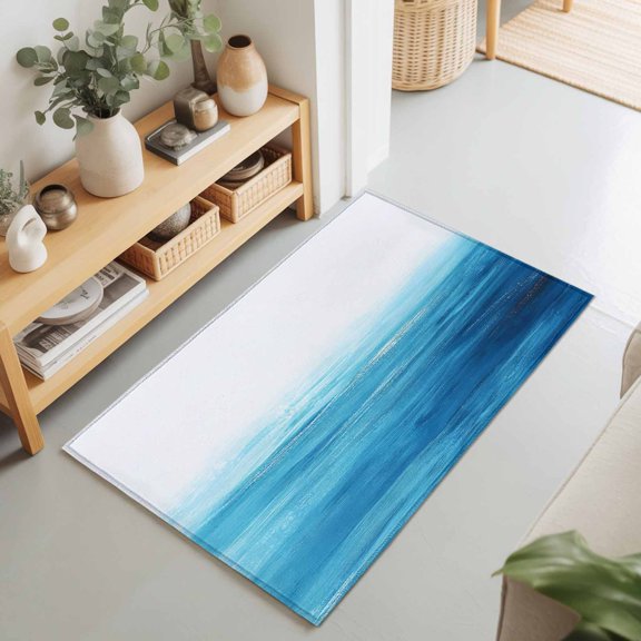 Abstract Gradient Blue White Colored Art Rectangle Area Rug 2x3ft,Living Room Rug Non-Slip Washable Circle Rugs Pad,Waves Stripes Soft Floor Carpet for Bedroom Dining Room