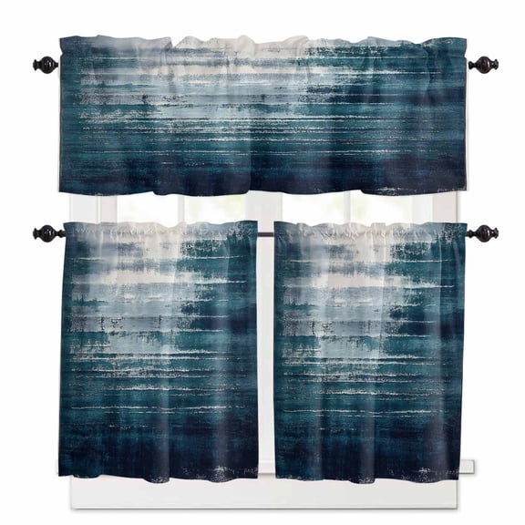 Abstract Gradient Blue White Kitchen Curtains Valances and Tiers Set of 3, 24 Inch Length Tier Curtains and Valance Rod Pocket Valance Curtains Set for Kitchen Bathroom Small Windows