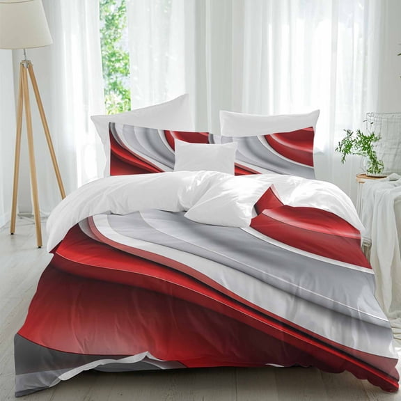 Abstract Gradient Duvet Cover Set King Size, Red White Water Ripple 4 Piece Soft Microfiber Bedding Set with 1 Duvet Cover, 1 Flat Sheet, 2 Pillowcases