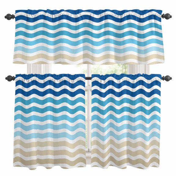 Abstract Gradient Kitchen Curtains Valances and Tiers Set of 3 Waves Blue Khaki Water Ripple Stripes Tier Curtains and Valance with Rod Pocket for Small Windows, 27.5"x24"