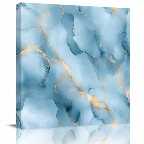 Abstract Gradient Marble Texture Canvas Artwork Painting Art, Blue Stone with Gold Stripe Square Framed Wall Decorations Prints Picture for Bedroom Kitchen Living Room, 16x16 in