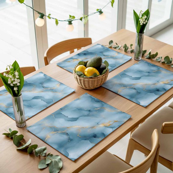 Abstract Gradient Marble Texture Placemats Set of 4,Wipeable Washable Table Mats for Dining Tables, Blue Stone with Gold Stripe Place Mats for Kitchen Event Party Tabletop Decor