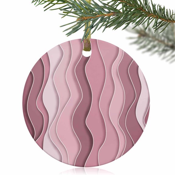 Abstract Gradient Pink Waves Christmas Ceramic Ornament 2025,3" Round Xmas Tree Hanging Accessories with Gold Ribbon