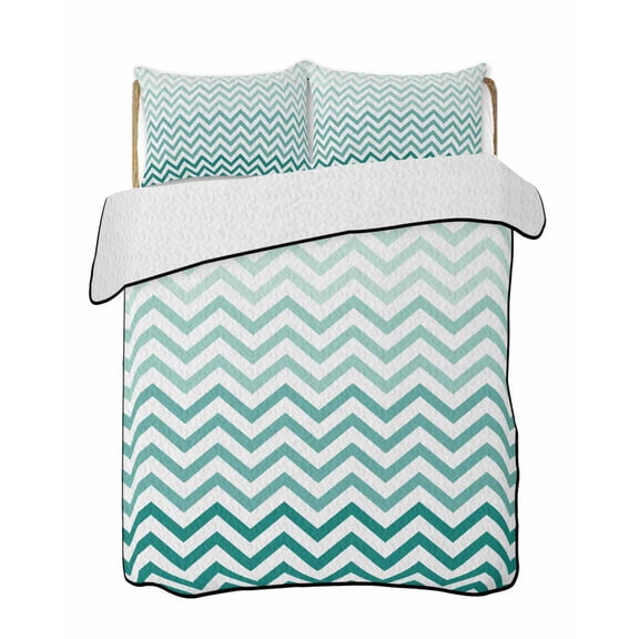 Abstract Gradient Quilts Bedding Set Twin Size Stripes Green Ombre Chevron Wave Lightweight Quilted Bedspread 3 Piece Bed Quilt with 2 Pillow Shams All Season for Bedroom 68" x 86"