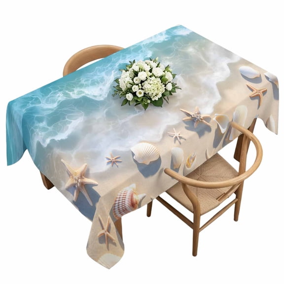 Abstract Gradient Rectangle Tablecloth Beach Teal Water Ripple Starfish Shell Waterproof Wrinkle Free Soft Table Cloth Spill-Proof Washable Table Cover for Dining Party Picnic 60 x 120 Inch