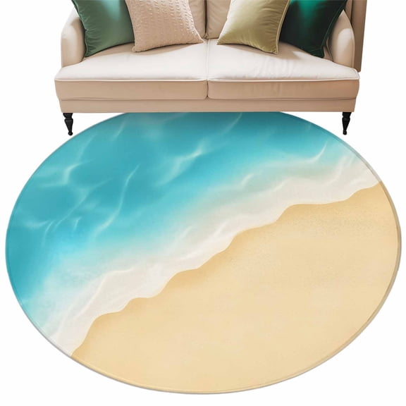 Abstract Gradient Round Area&nbsp;Rug 8ft Beach Teal Ocean Wave Beige Sand Non-Slip&nbsp;Washable Circle Rugs Soft Felt Indoor Floor Mat for Bedroom Kitchen Living Room Bathroom