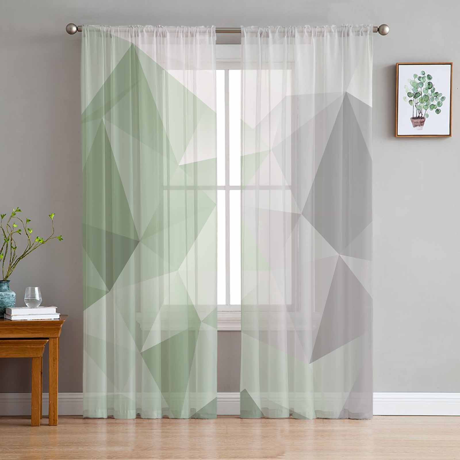 Abstract Gradient Sage Green Grey Triangle Sheer Curtains for Living ...
