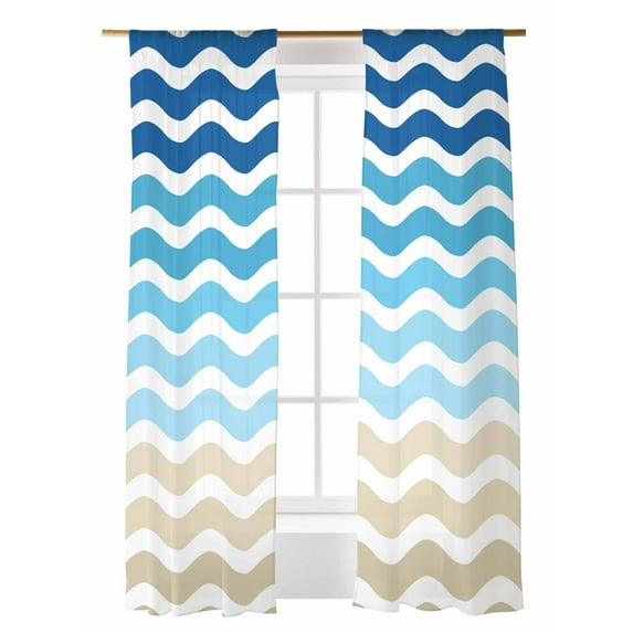 Abstract Gradient Sheer Curtains 108 Inch Long 2 Panels, Waves Blue Khaki Water Ripple Stripes Light Filtering Rod Pocket Semi Sheer Curtains, Sheer Voile Drapes for Living Room Bedroom, 52"x108"