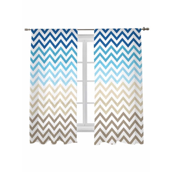 Abstract Gradient Sheer Curtains 63 Inch Long 2 Panels, Stripes Blue Brown Ombre Chevron Wave Light Filtering Rod Pocket Semi Sheer Curtains, Sheer Voile Drapes for Living Room Bedroom, 52"x63"