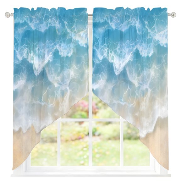 Abstract Gradient Sheer Curtains Swag Valances for Windows Beach Blue Water Ripple Scenery Rod Pocket Swag Curtain Small Window Curtain for Kitchen Living Room Bedroom, 1 Pair 28"W x 36"L