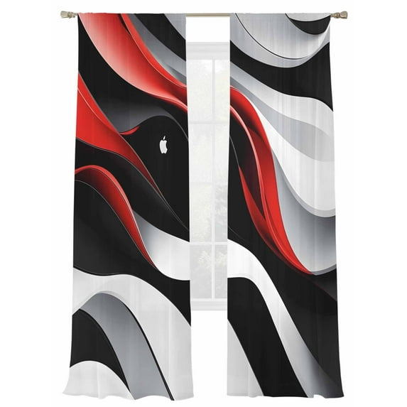Abstract Gradient Stitching Sheer Curtains for Living Room Bedroom, Light-filtering Sheer Curtain, Red Black White Water Ripple Rod Pocket Voile Window Treatment Drapes, 52’’Wx96’’L, 2 Panels Set