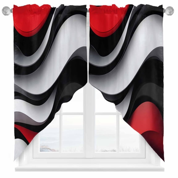 Abstract Gradient Stitching Swag Curtain Valance for Windows, Red Black Gary Water Ripple Window Treatments Short Swag Topper for Kitchen Windows Bathroom Bedroom, 28"x36"
