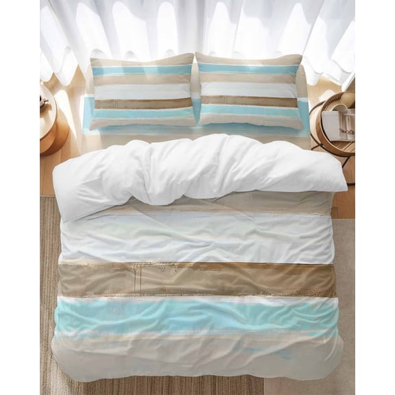 Abstract Gradient Stripe Bedding Duvet Cover Set Full Size 4 Pieces Brown Teal Watercolor Bedding Set with Zipper Closure, 1 Comforter Cover 86x86 Inches 1 Flat Sheet & 2 Pillow Cases