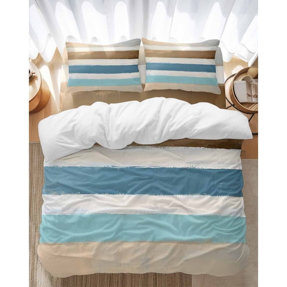 Abstract Gradient Stripe Bedding Duvet Cover Set King Size 4 Pieces Blue Brown Watercolor Bedding Set with Zipper Closure, 1 Comforter Cover 92x106 Inches 1 Flat Sheet & 2 Pillow Cases