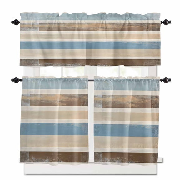 Abstract Gradient Stripe Kitchen Curtains Valances and Tiers Set of 3, 36 Inch Length Tier Curtains and Valance Rod Pocket Valance Curtains Set for Kitchen Bathroom Small Windows