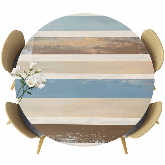 Abstract Gradient Stripe Round Fitted Table Cover Brown Blue Watercolor Waterproof Table Cloth with Elastic Edge Wipeable Tablecloth for Picnic Camping Party Fits 45"-54" Diameter