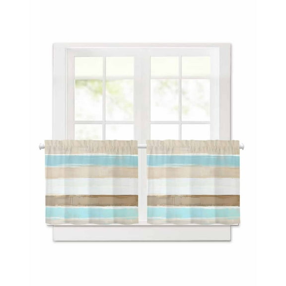 Abstract Gradient Stripe Short Blackout Curtains 30Inch Long Brown Teal Watercolor Rod Pocket Kitchen Curtains, 2 Panels Thermal Insulated Room Darkening Drapes for Bedroom, 30"W x 30"L