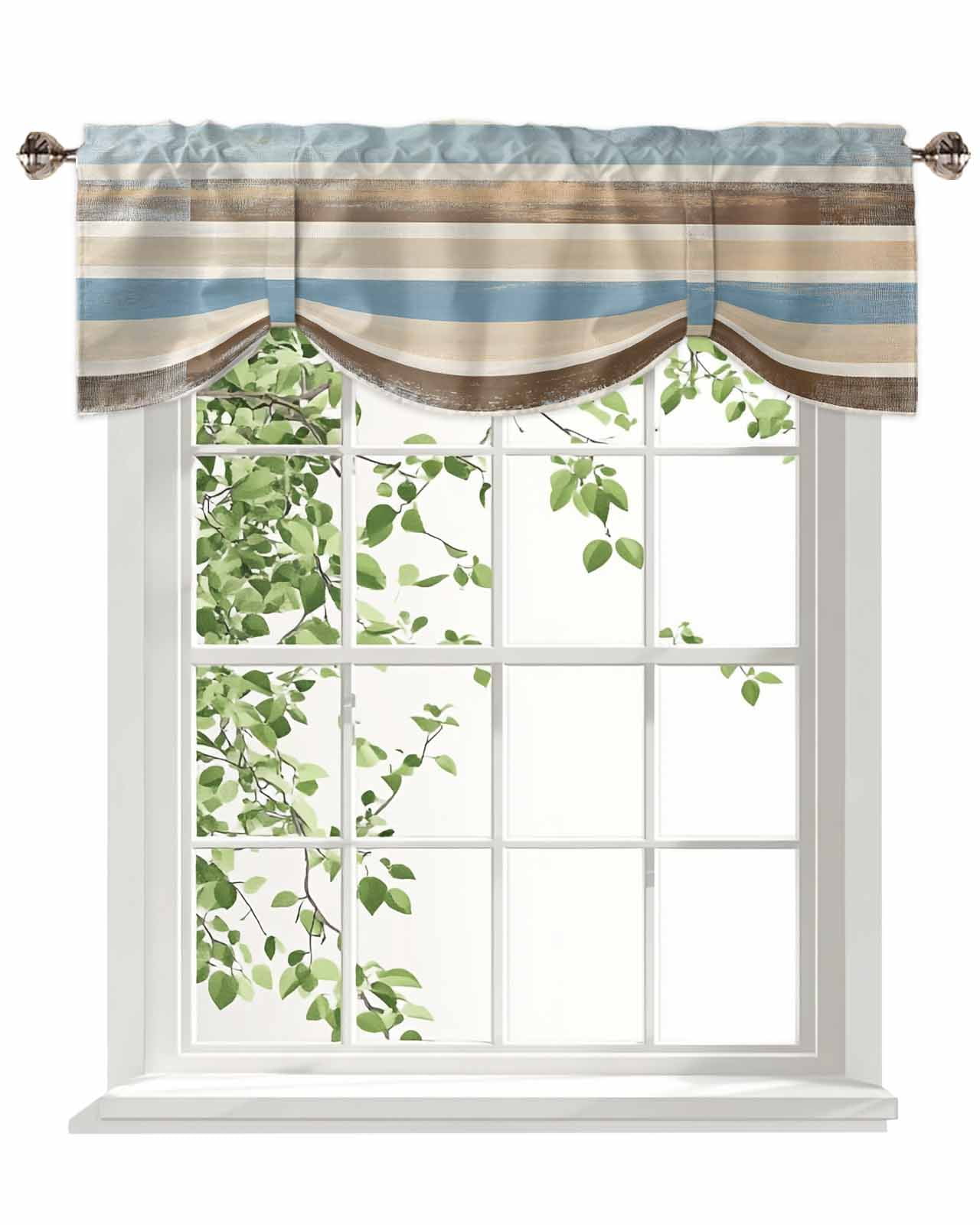 Abstract Gradient Stripe Tie Up Valances Curtain, Brown Blue Watercolor Kitchen Valances for Windows Decor, Rod Pocket Short Curtains Set for Bedroom/Bathroom, 60"x18"