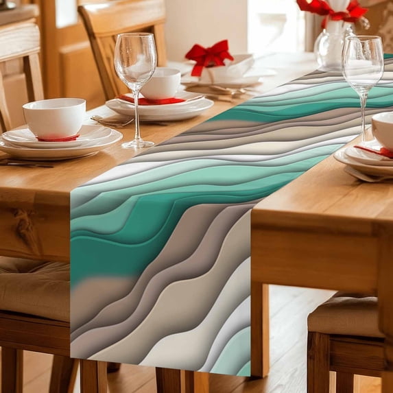 Abstract Gradient Striped Art Table Runner 36 Inches Long,Kitchen Dining Tablerunners Modern Ombre Green Linen Table Runners Dresser Scarves for Home Dinner Wedding Holiday Party Decor