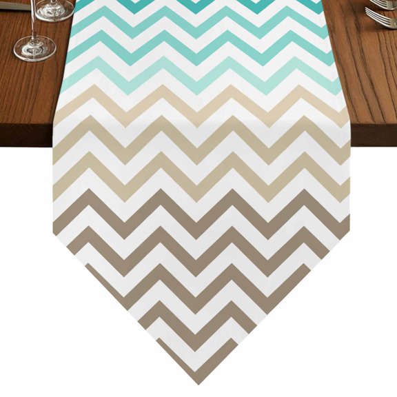 Abstract Gradient Table Runner for Dining Room, Stripes Teal Brown Ombre Chevron Wave Cotton Linen Dining Table Runner Tablecloth Dresser Scarves for Kitchen Cafe 13x36 Inches Long