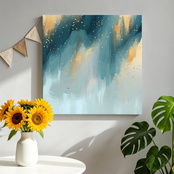 Abstract Gradient Teal Gold Canvas Wall Art, Shinny Gold Geometric Lines Framed Canvas Wall Decor Picture Print Artwork Decorations for Living Room Office Ready to Hang 8" x 8"