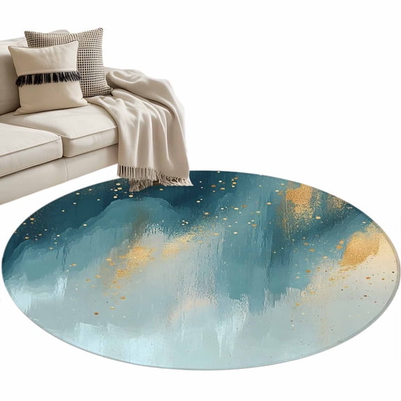 Abstract Gradient Teal Gold Round Area Rug 3ft Shinny Gold Geometric Lines Non-Slip Washable Circle Rugs Soft Felt Indoor Floor Mat for Bedroom Kitchen Living Room Bathroom