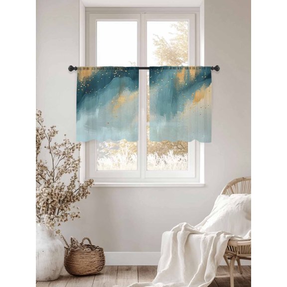 Abstract Gradient Teal Gold Sheer Curtains 54Inches Long 2 Panels, Semi Sheer Rod Pocket Window Curtains Light Filtering Drapes Shinny Gold Geometric Lines for Living Room Bedroom