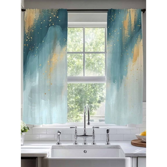 Abstract Gradient Teal Gold Sheer Curtains 63 Inches Long 2 Panels Shinny Gold Geometric Lines Light Filtering Semi Sheer Window Curtains Drapes for Bedroom Living Room 52"x63"