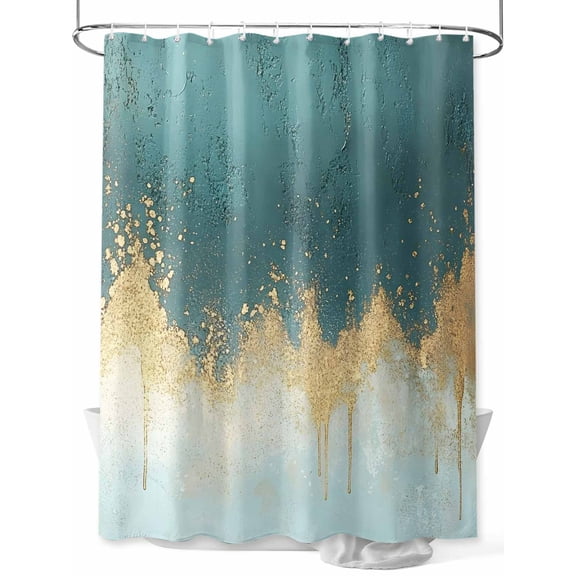 Abstract Gradient Teal Gold Shower Curtain Set ，Waterproof Fabric Shower Curtains Shinny Gold Geometric Shower Curtains for Bathroom,Bathroom Decor 54x"78"