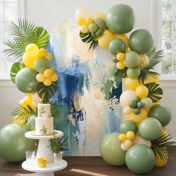 Abstract Graffiti Arch Backdrop Cover, 5FT, Blue Beige Oil Painting Theme Spandex Arch Covers Double-Sided Backdrop for Wedding Birthday Party Photo Background Decoration