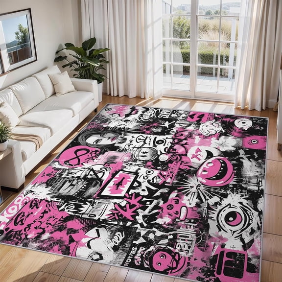 Abstract Graffiti Area Rug Hip Hop Street Art Carpet Washable Non Slip Soft Living Room Bedroom Entrance Mat 2x3ft