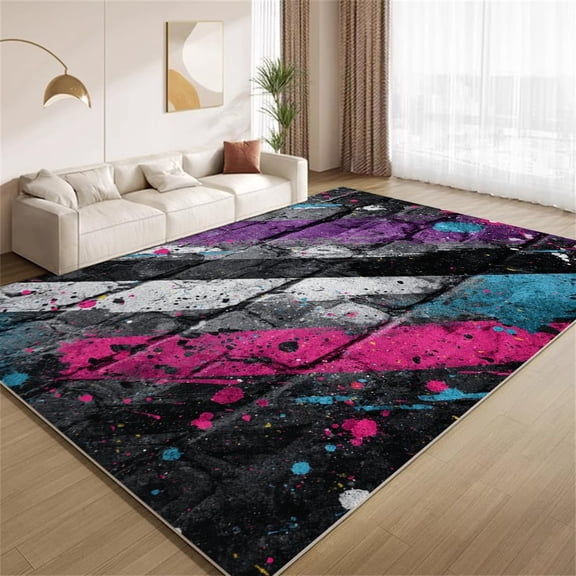 Abstract Graffiti Area Rugs, Black Pink Paint Carpet, Washable Non Slip Low Pile Soft Rug for Bedroom Living Room Decor Mat 3ftx5ft