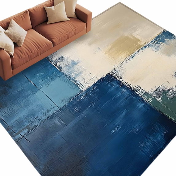 Abstract Graffiti Area Rug 8x10ft Blue Beige Geometric Graffiti Non-Slip Washable Square Rugs Soft Felt Indoor Floor Mat for Bedroom Kitchen Living Room Bathroom