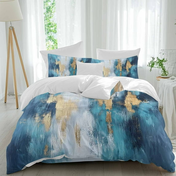 Abstract Graffiti Art 4 Piece Duvet Cover Set Queen Size Blue Gold Blend Decor Soft Bedding Set Comforter Cover, 1 Duvet Cover 1 Flat Sheets and 2 Pillowcases