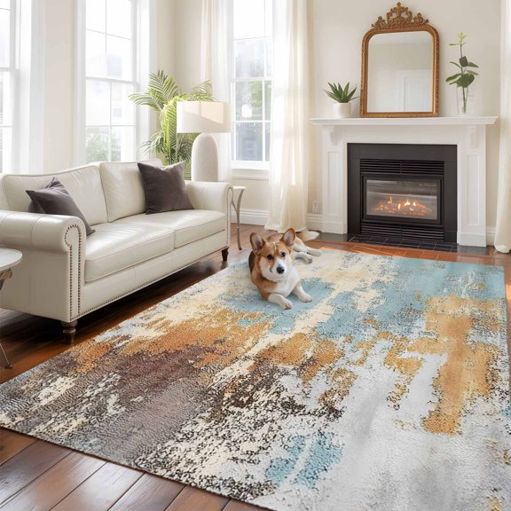 Abstract Graffiti Art 5x7 Area Rugs for Living Room, Brown Blue Street Theme Non Slip Floor Mat Washable Low-Profile Indoor Carpet for Bedroom, Dining Room, Bathroom